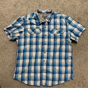 Eddie Bauer Fishing Hiking Shirt Men XL White Blue Plaid Vented Short Sleeve EUC